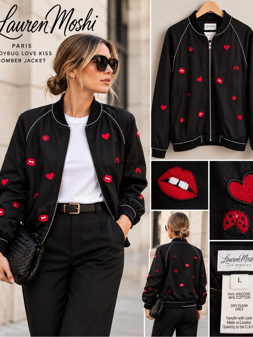 Lauren Moshi Paris Ladybug Love Kiss Bomber Jacket Black Red Size L